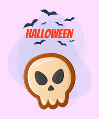 Cookie in shape of skull for Halloween party. Lettering with flying bats on abstract background. Celebration, holiday concept. Vector illustration for invitation, banner or poster