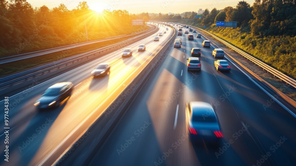 Poster a dynamic image of cars speeding on an expressway during the day, with clear blue skies and sun rays