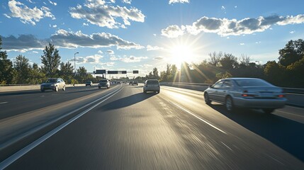 Fototapeta premium A dynamic image of cars speeding on an expressway during the day, with clear blue skies and sun rays casting long shadows on the road.