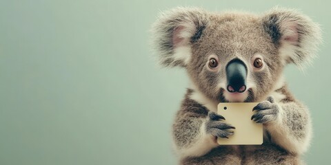 Obraz premium Adorable Baby Koala Holding Discount Tag on Pale Green Background