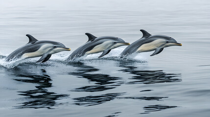 Fototapeta premium A pod of playful dolphins leaps joyfully through the crystal-clear, azure sea, their sleek bodies glistening in the sunlight