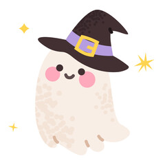Cute ghost in witch hat, vector illustration isolated on white background