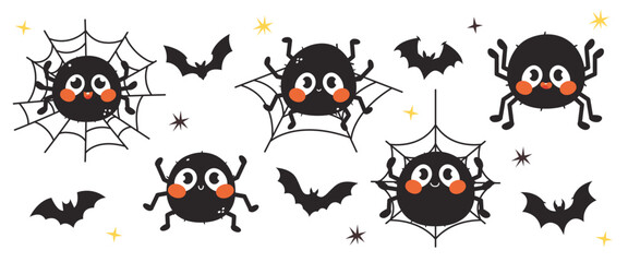 Set of cute spiders vector illustration, isolated on white background