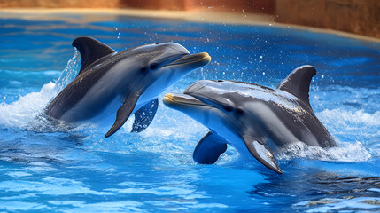 Naklejka premium A pod of playful dolphins leaps joyfully through the crystal-clear, azure sea, their sleek bodies glistening in the sunlight