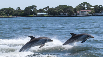Fototapeta premium A pod of playful dolphins leaps joyfully through the crystal-clear, azure sea, their sleek bodies glistening in the sunlight