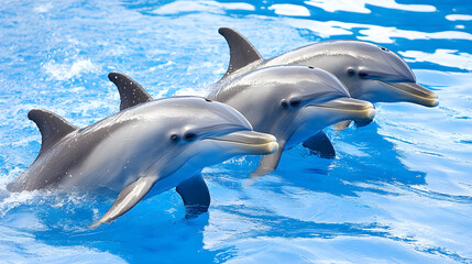 Naklejka premium A pod of playful dolphins leaps joyfully through the crystal-clear, azure sea, their sleek bodies glistening in the sunlight