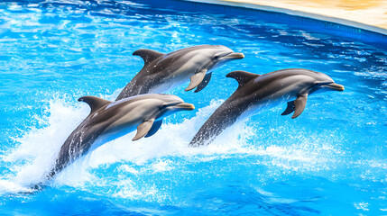 Obraz premium A pod of playful dolphins leaps joyfully through the crystal-clear, azure sea, their sleek bodies glistening in the sunlight