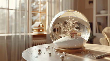 Snow globe with a miniature house and trees on a wooden table with warm sunlight and cozy interior