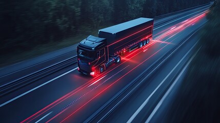 Futuristic cargo trucks driving through advanced city