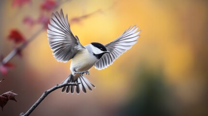 Obraz premium A dynamic scene of a bird taking off from a branch, with its wings fully extended and a blurred background to emphasize the speed and motion of its flight