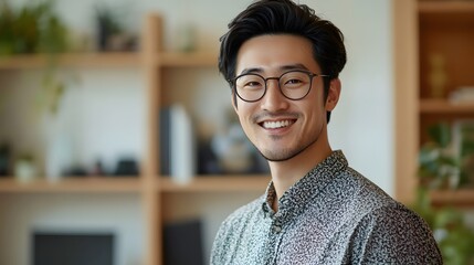 Fototapeta premium Portrait of a Smiling Man in Glasses Wearing a Patterned Shirt