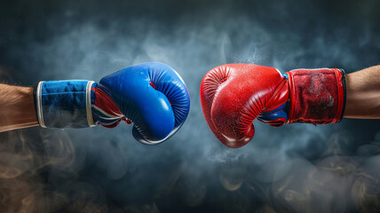Closeup two man hands in red and blue boxing gloves