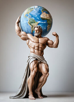 atlas statue holding rounded earth in the hands, on the head, concrete classic statue that express strength, isolated in light grey background