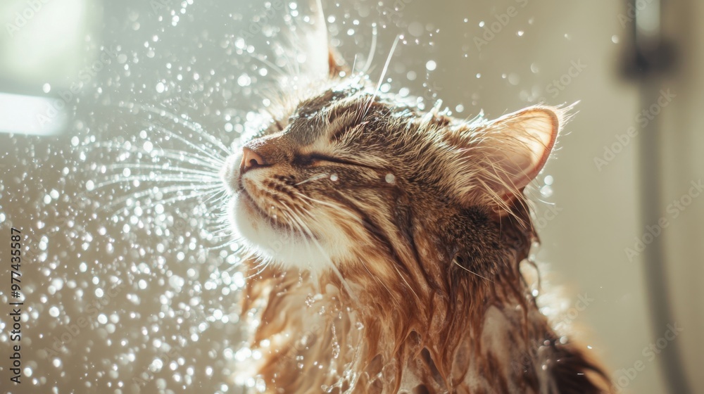 Poster a dynamic scene of a cat shaking water off its fur after a bath, with droplets flying and the cat fu