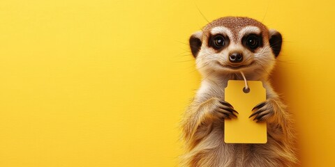 Curious Meerkat with Discount Tag on Pastel Yellow Background