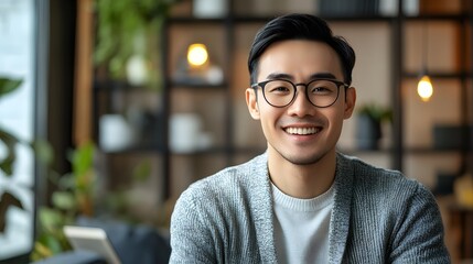 Obraz premium Portrait of a Smiling Asian Man Wearing Glasses