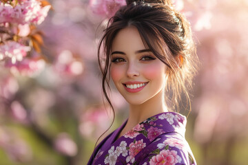Naklejka premium Canadian woman wearing japanese kimono with cherry blossom background