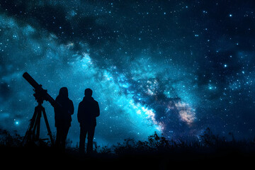 Two individuals observing the night sky with a telescope, surrounded by a breathtaking starry universe and vibrant cosmic colors.