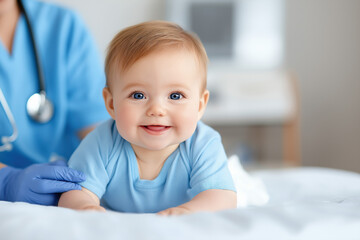 Fototapeta premium A Newborn Baby Lying On A Soft White Sheet, Being Examined By A Healthcare Professional With Blue Gloves Using A Stethoscope. 