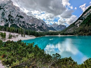 Lake Braies in Dolomites mountains