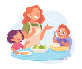 Woman Parent with Son and Daughter Have Dinner as Home Activity Vector Illustration