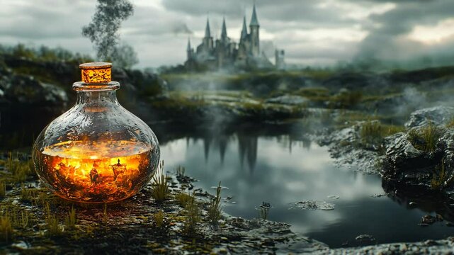 Exploring the mystical landscape with a glowing potion by a serene lake near an ancient castle at dusk