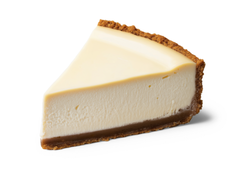 A delicious slice of classic cheesecake with a smooth, creamy texture and a golden-brown graham cracker crust, isolated on a transparent background