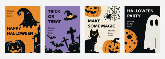 A set of minimalistic Halloween posters. Flat style party invitations with pumpkin, ghost, ghost, hat. Vector banner, template for advertising, postcards.