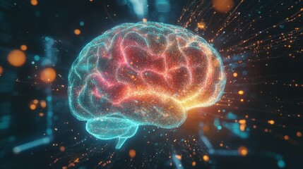 Fototapeta premium A dynamic shot of a brain illustration with neon-like highlights, representing different functional areas such as memory, emotion, and cognition.