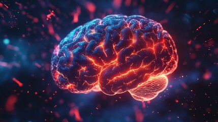 Fototapeta premium A dynamic shot of a brain illustration with neon-like highlights, representing different functional areas such as memory, emotion, and cognition.