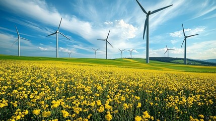 Wind turbines in a vibrant yellow flower field under a blue sky. - Powered by Adobe