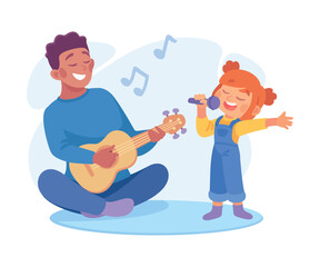 Man Parent with His Daughter Play Guitar and Singing as Home Activity Vector Illustration