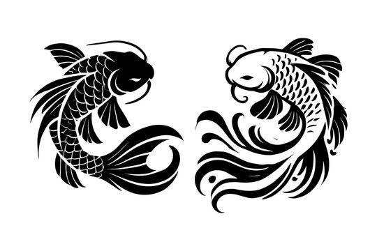 koi fish yin and yang silhouettes illustration graphic design black and white vector clip art