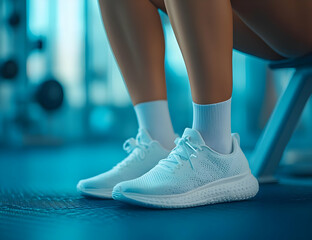 Close-up of a person wearing stylish white athletic shoes and socks in a modern gym setting, emphasizing comfort and fitness.