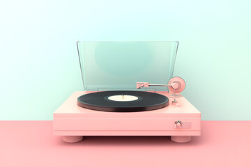A 3D render features a vintage record player in pastel colors, showcasing intricate details. The vinyl disc rests on the turntable, set against a minimalist pastel background