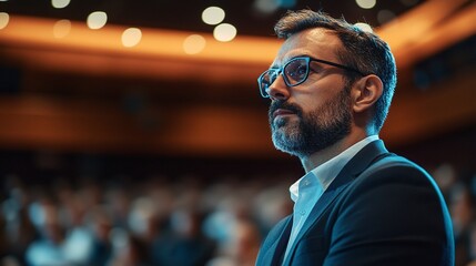 business conference in a large hall, featuring a speaker who values audience input and engagement during an insightful talk