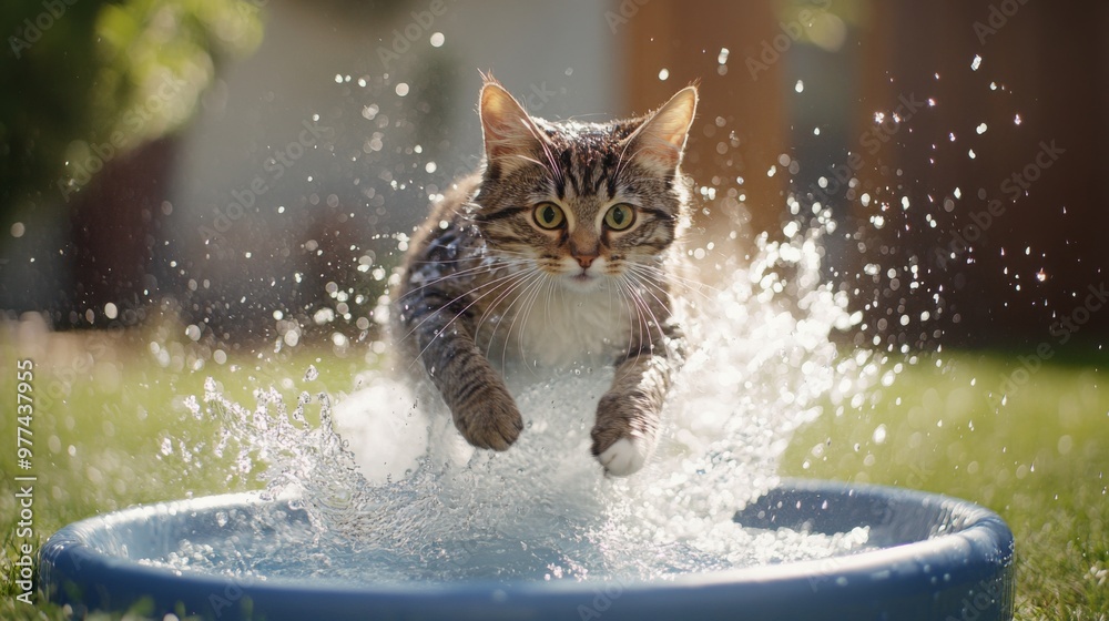 Poster A dynamic shot of a cat jumping into a shallow kiddie pool, splashing water everywhere with excitement, in a backyard setting.