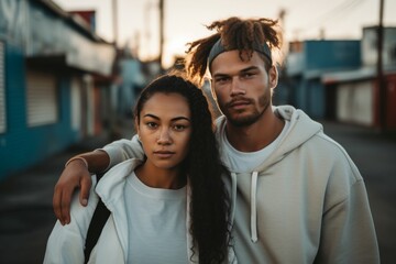 Fototapeta premium A man and a woman are standing in front of a building