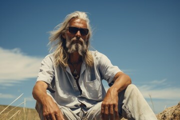 A man with long hair and a beard sits on a rock in a field