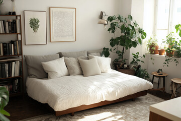 a serene bedroom corner in a small apartment, incorporating a sofa, rugs, and a bookshelf while embracing Wabi-Sabi Japandi design principles: