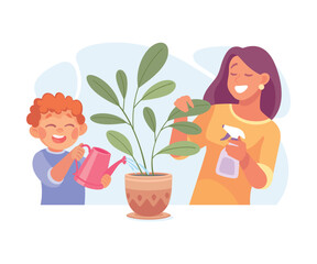 Woman Parent with Her Son Watering Flower in Pot as Home Activity Vector Illustration