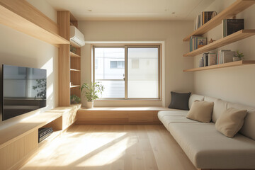a serene living room corner in a small, minimal apartment, featuring a sofa, TV counter, and bookshelf, all while embracing Wabi-Sabi Japandi design principles