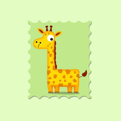 Fototapeta premium A cheerful cartoon giraffe with distinctive spots stands against a soft green backdrop
