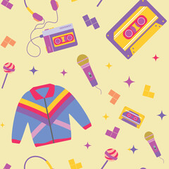 Retro seamless pattern. 90s pattern with cute trendy bright multicolor elements. Vector illustration.