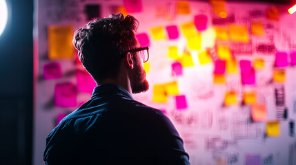 Creative brainstorming session with colorful sticky notes on a wall, capturing innovative ideas and collaborative thoughts.