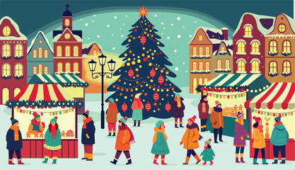  Christmas market. Family, people, Sale, preparation. Outdoor celebration. New year market.