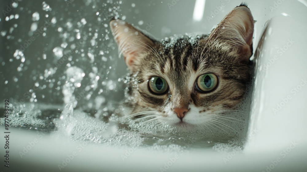 Poster A dynamic shot of a cat's first bath experience, with a mix of curiosity and apprehension as it explores the bath environment, capturing the learning process.