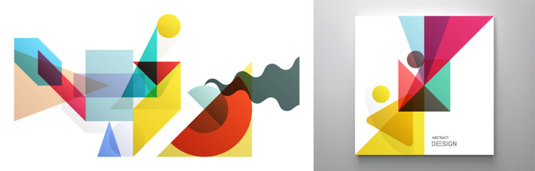 Art composition of flat colorful vector shapes. Abstract transparency geometrical background. Cover design template for presentation, corporate cover document, banner, flyer, poster, brochure.