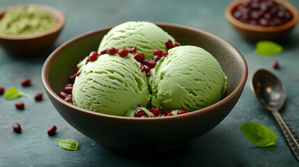 A delicious bowl of green tea ice cream topped with red beans and mint, perfect for a refreshing dessert or snack.