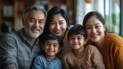 5. A multigenerational family with diverse ethnicities posing together in a beautifully decorated living room, celebrating cultural diversity and family bonds
